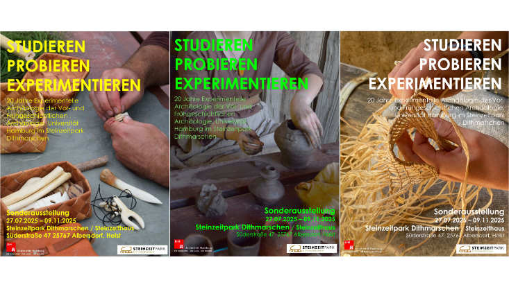 Das Bild zeigt die drei verschiedenen Poster zur Sonderausstellung Studieren, Porbieren, Experimentieren der Uni Hamburg am AÖZA